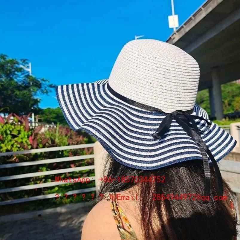 麦わら帽子-レディース-夏用日焼け止め帽子、特大つば付きサンハット、ビーチグラス織りビーチバケーション用