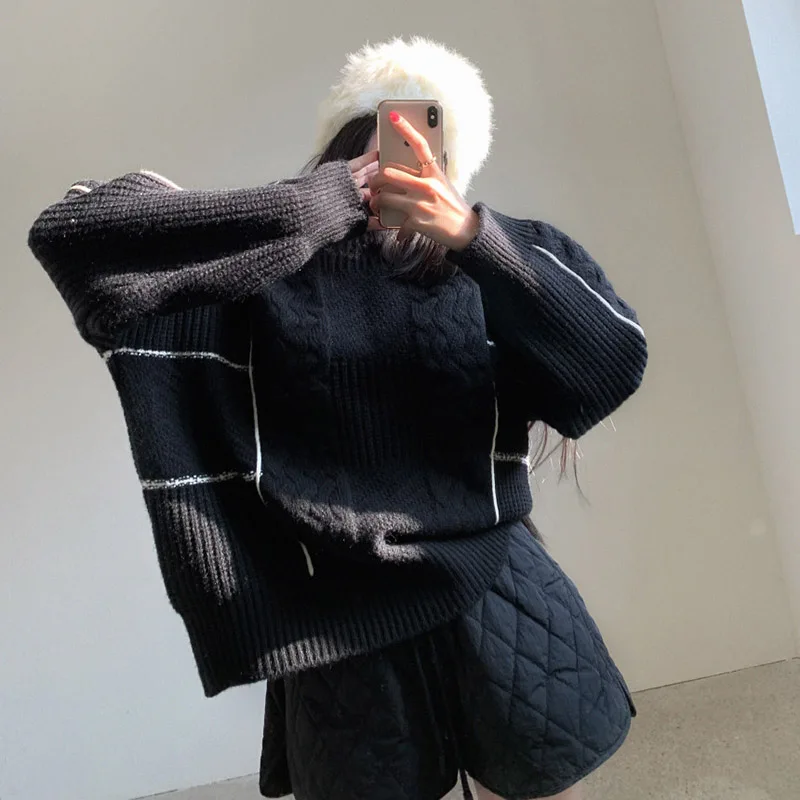 Round Neck Midi Knitted Pullovers Women Fall Winter Korean Loose Striped Long Sleeve Sweaters Top 2 Colors