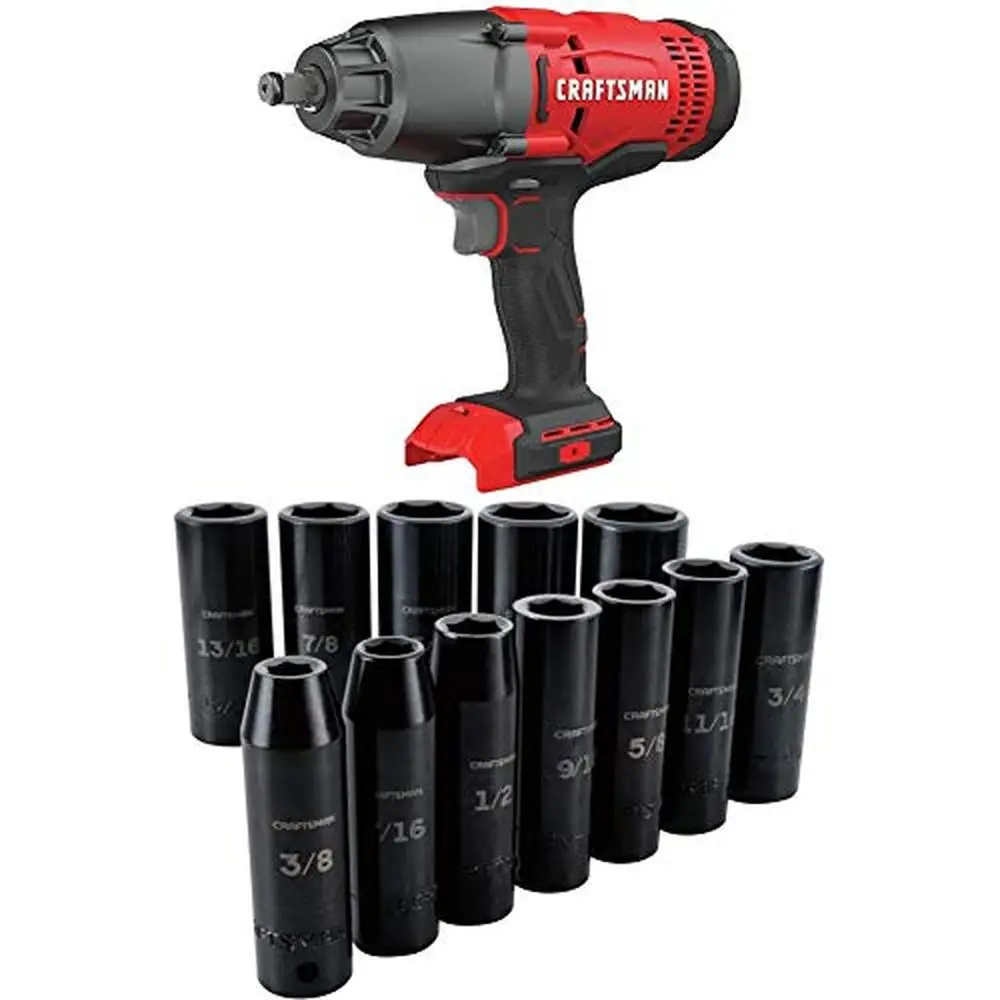 

V20 Cordless Impact Wrench Tool with SAE 1/2-Inch Deep Impact Socket Set 12 Pieces Easy Socket Changes Quick Identification