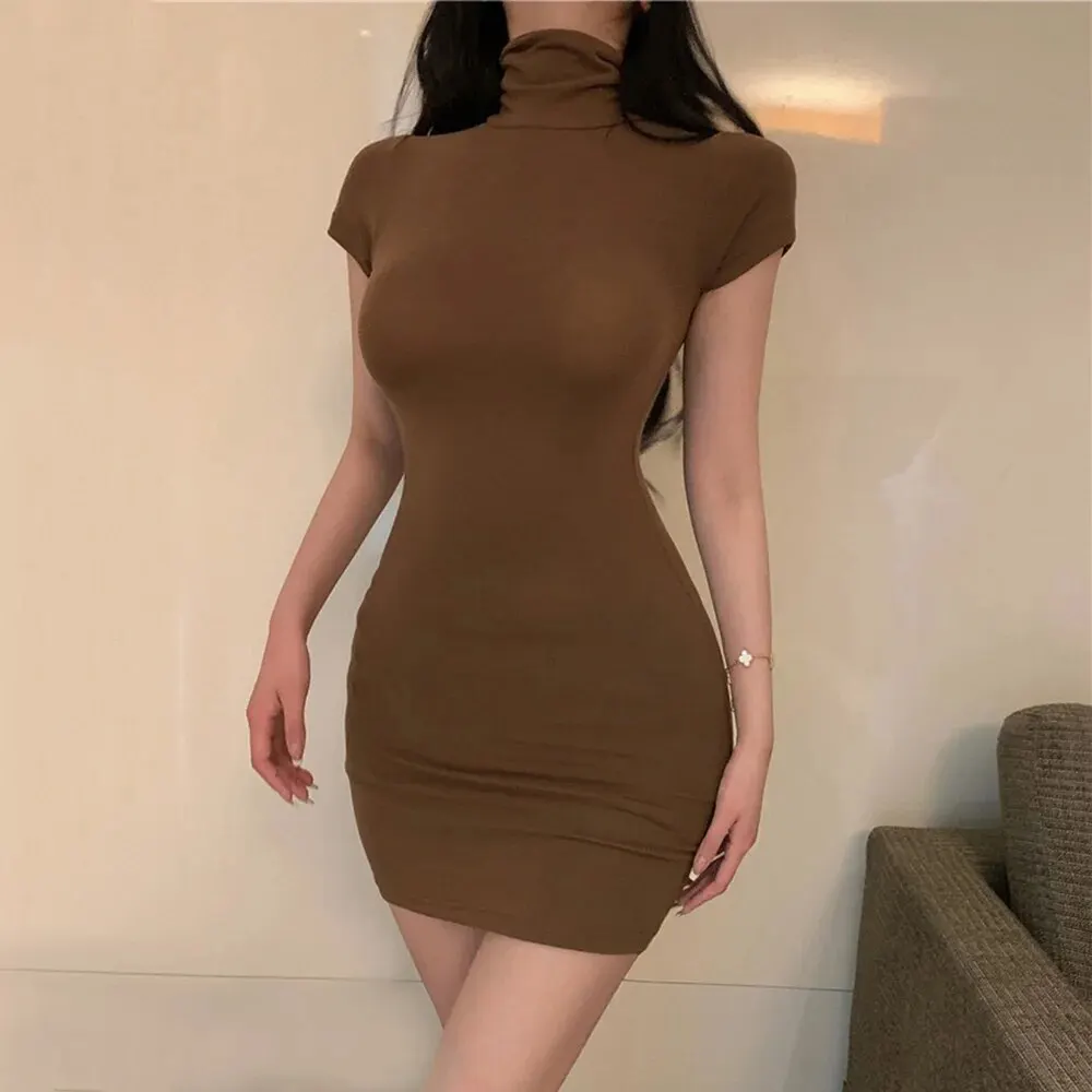 Sukienki Bodycon dla kobiet 2024 Wysoka szyja Długość do ud Krótki rękaw Dopasowany damski strój na walentynki Club Date Night Out