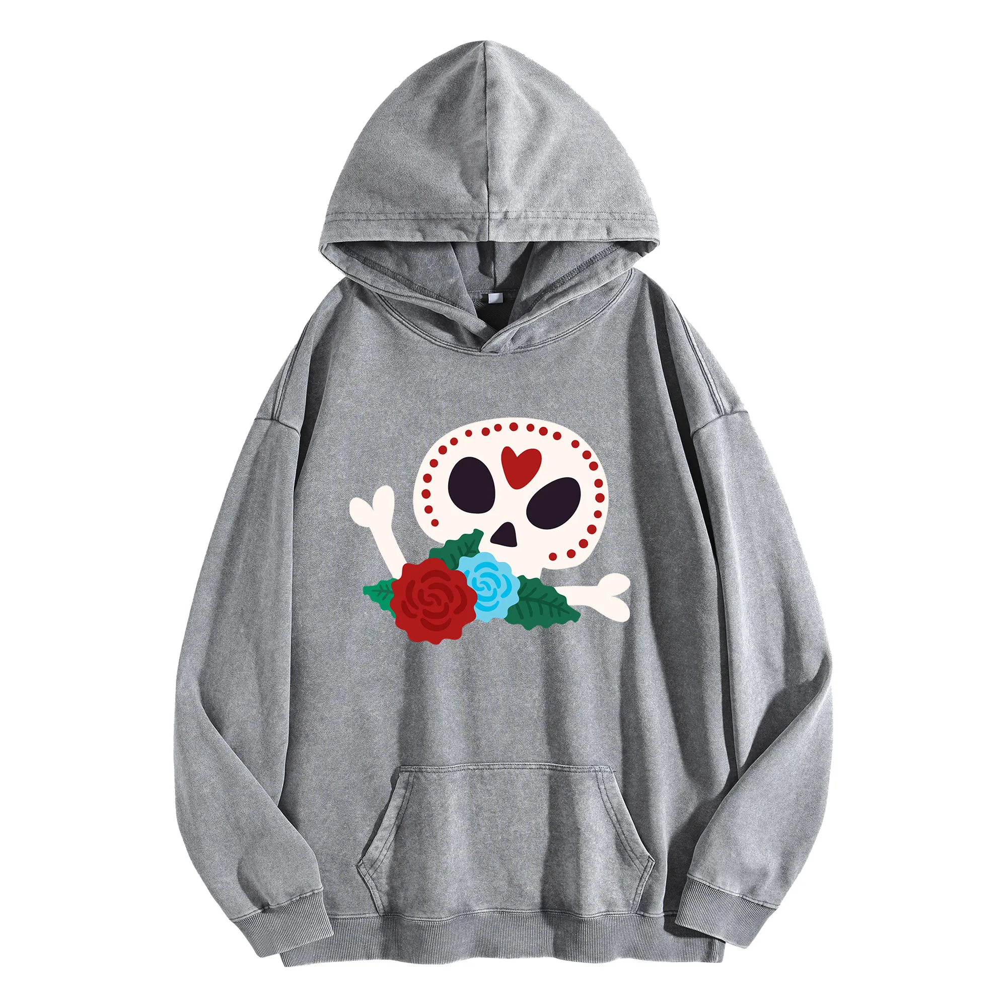 سترة بغطاء للرأس مغسولة عتيقة 400G مطبوعة برسومات جمجمة ووردية للجنسين، بلوفر كبير الحجم، مجموعة الخريف/الشتاء #2