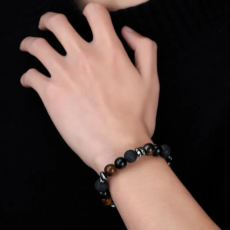 Mens Stretch Bracelet Tiger Eye Black Obsidian Lava Rock Beads Vintage Daily Wear Handmade Wrist Band