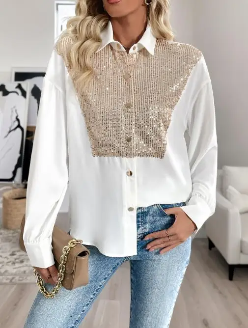 Frauen Hemd 2025, Herbst Neue Retro Party Modische Trend Pailletten Dekoration Langarm Hemd Street Fashion Retro Hemd