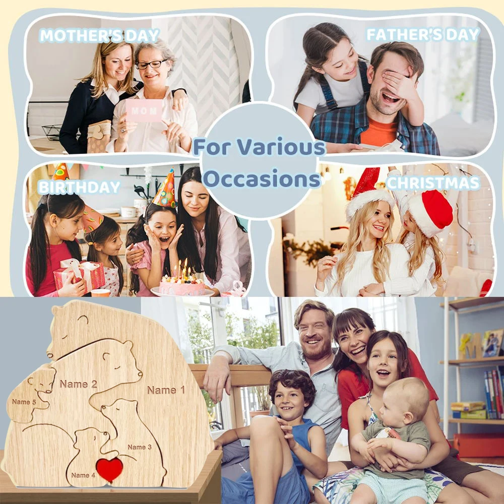 Christmas Gifts Personalized Wooden Animal Family Puzzle Custom Engraving Names Sculpture Home Holiday Decor for Mom and Dad