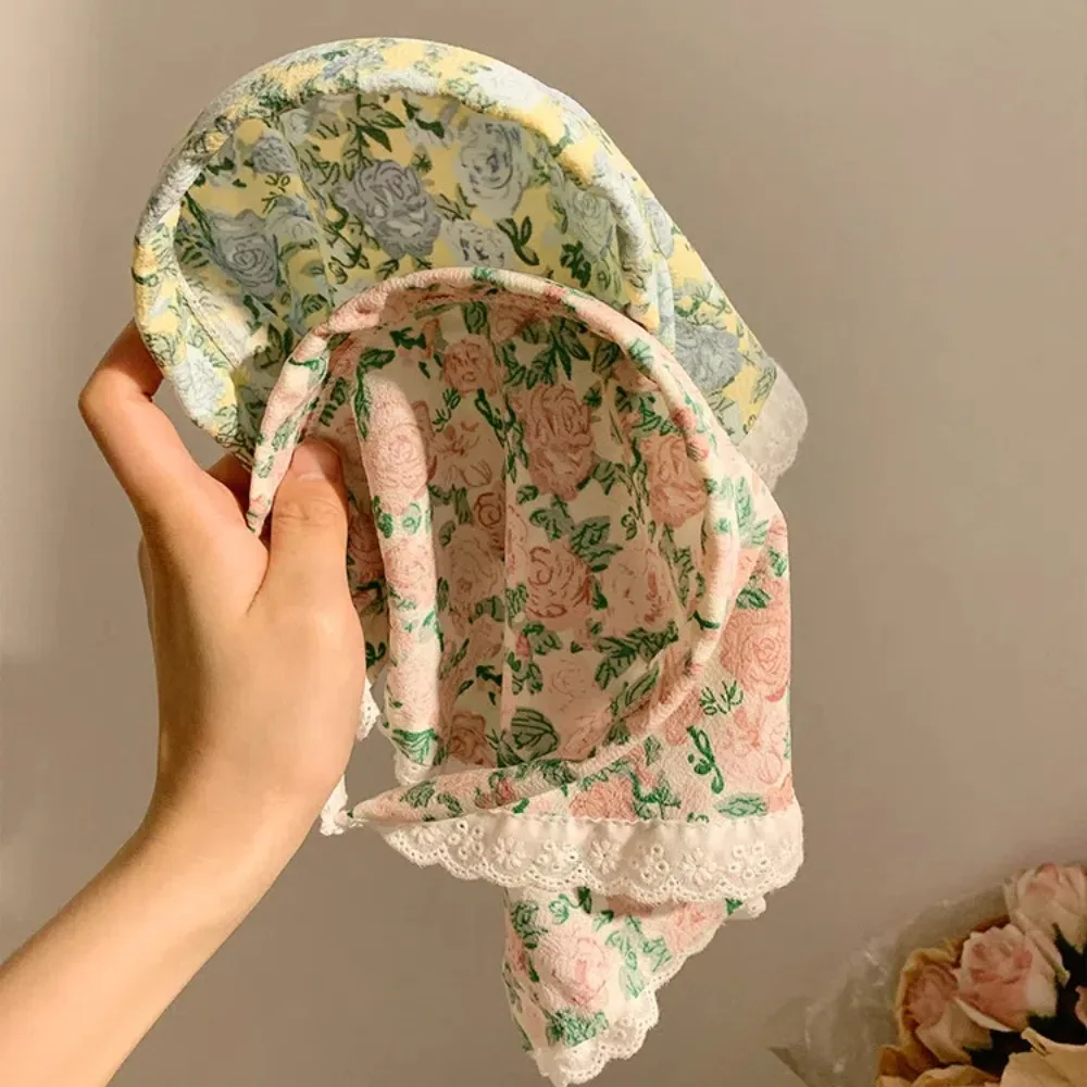 Sweet Floral Cotton Head Scarf Elegant Ribbon Lace Triangle Scarf Soft Wrap Pastoral Printing Hair Scarf Photography