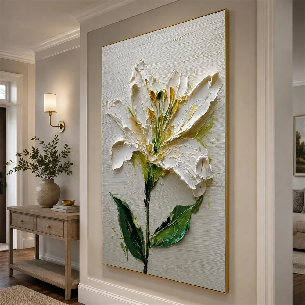 White Lily Oil Painting Prints Textured Floral Wall Art Poster Minimalist Modern Botanical Home Decor Canvas Painting Decor