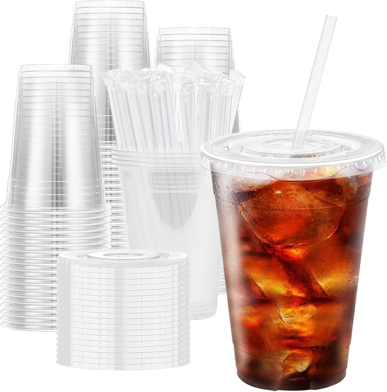 50 Pack 16 Oz Clear Plastic Cups with Flat Lids And Straws Disposable Sturdy to Go Cold Drinking Cups for Parties And Events