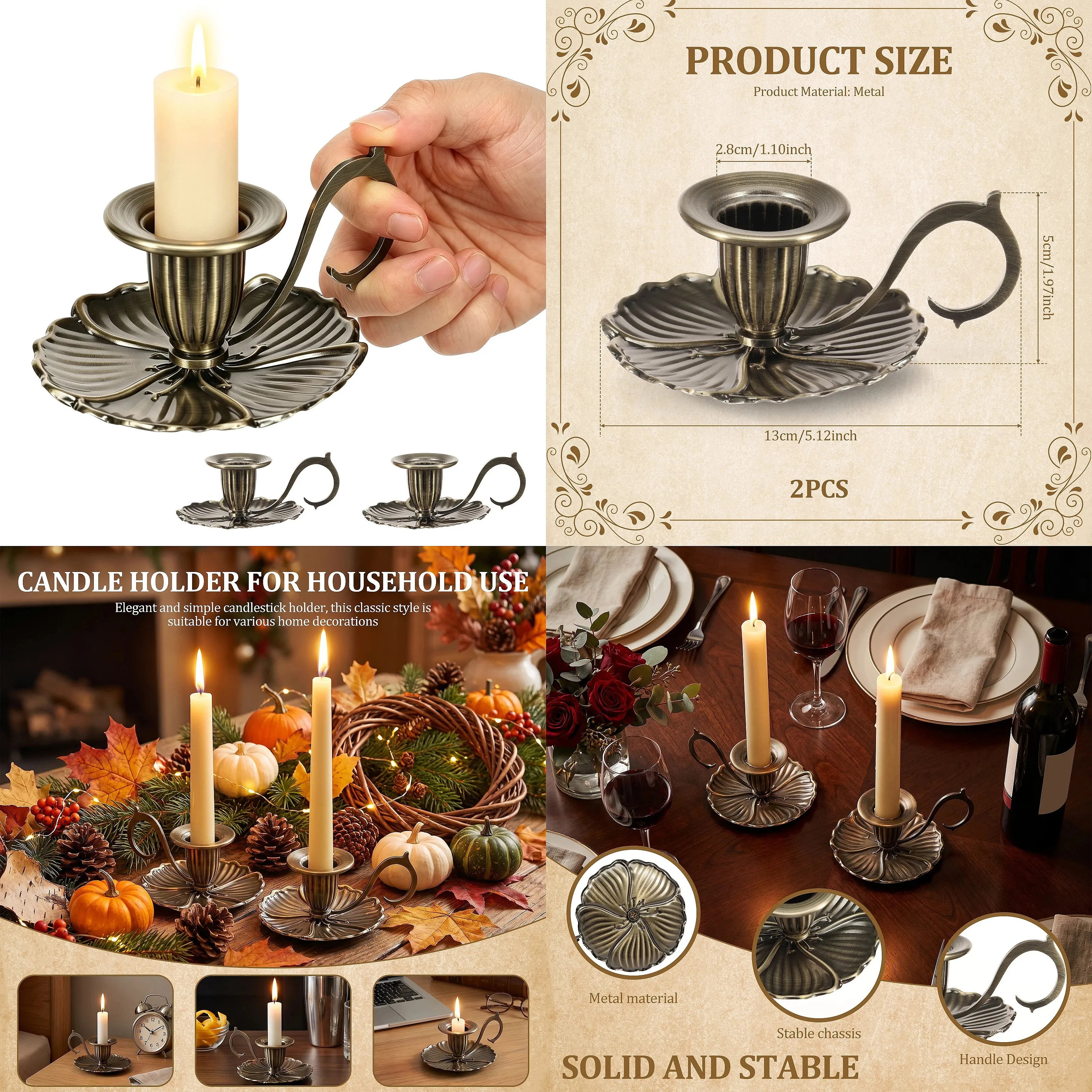 2 Pcs European Style Candlestick Vintage Handheld Candle Holders Iron Candlestick Stand for Party Wedding Dining Room Home Decor