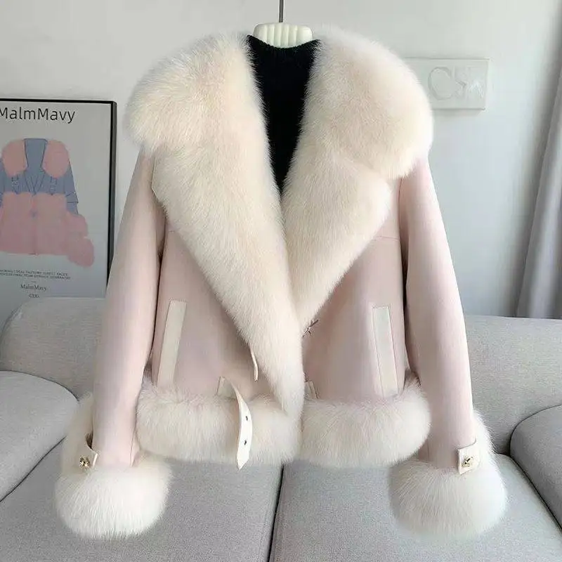 Leather Fur All-in-one 2024 New Winter Imitation Leather Fashion Large Lapel Fur Fur Warm Spliced Wool Jacket