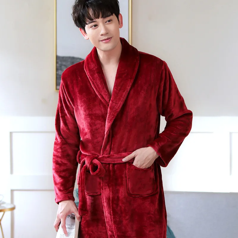 Men\'s Fall and Winter Robe Men\'s Coral Fleece Home Wear Youth Warm Facecloth Large Size Bathrobe After The Bath Wear Comfortable