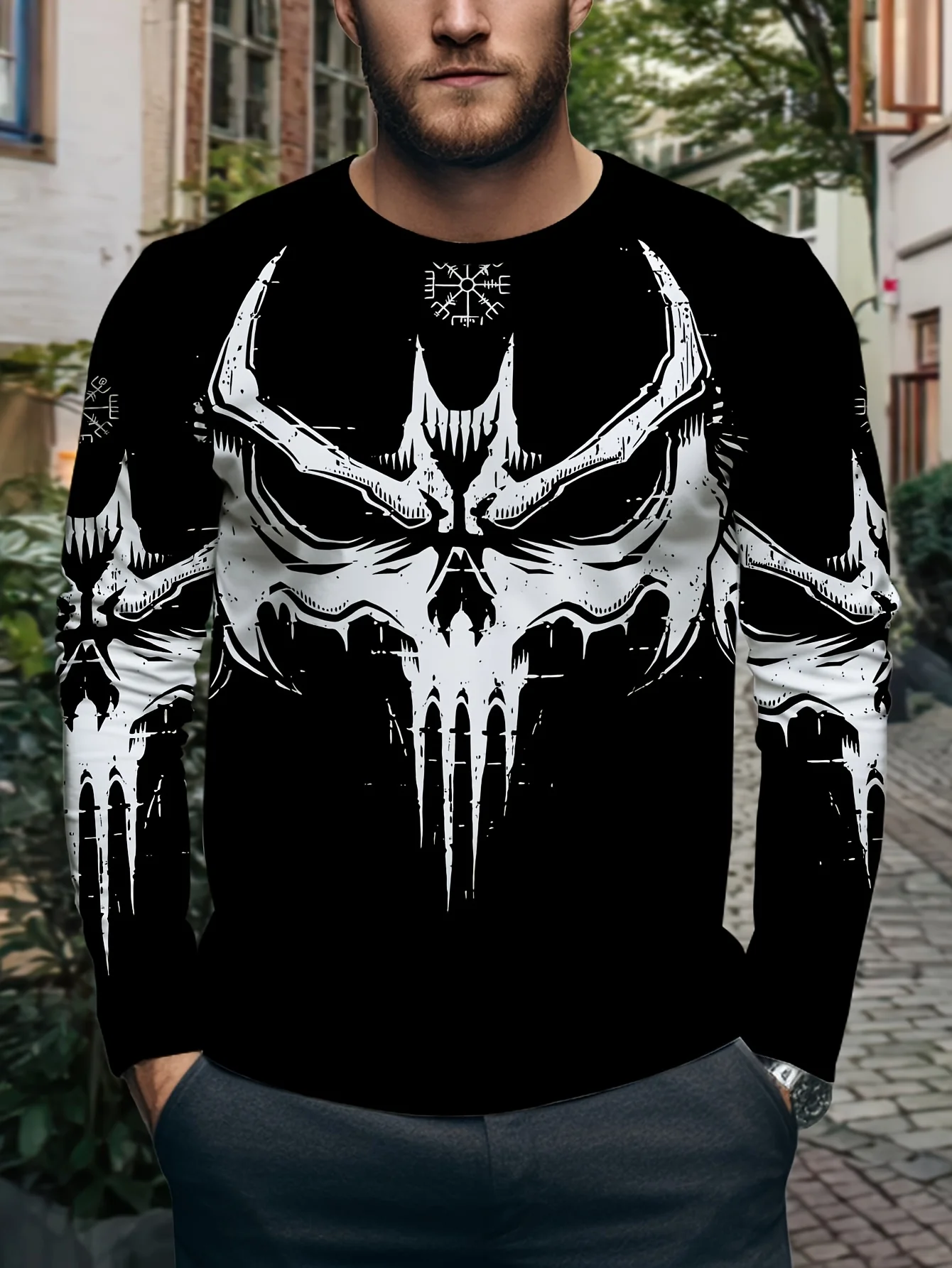 2026 Herbst Casual Herrenmode T-Shirt mit Totenkopf-Grafik, Übergrößen, Lockerer Rundhalsausschnitt, Langarm-T-Shirt für Männer