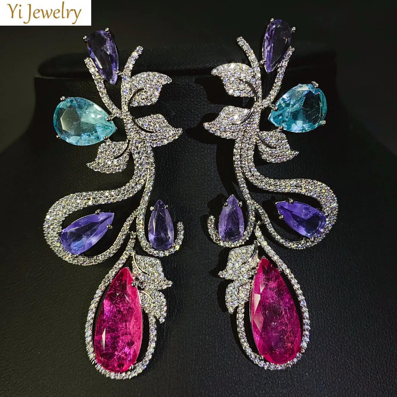 zircon large Long Earrings Wedding Bridal Jewelry Silver Gold Color Flowers Pendant Earrings fushia red