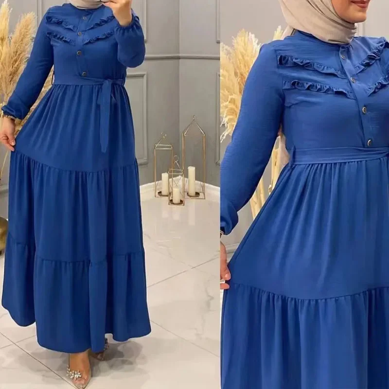 Turkey Islam Muslim Dress Caftan Solid with Belt Ruffle Abayas for Women Longue Kimono Femme Musulmane Women Abaya Dubai Kaftan