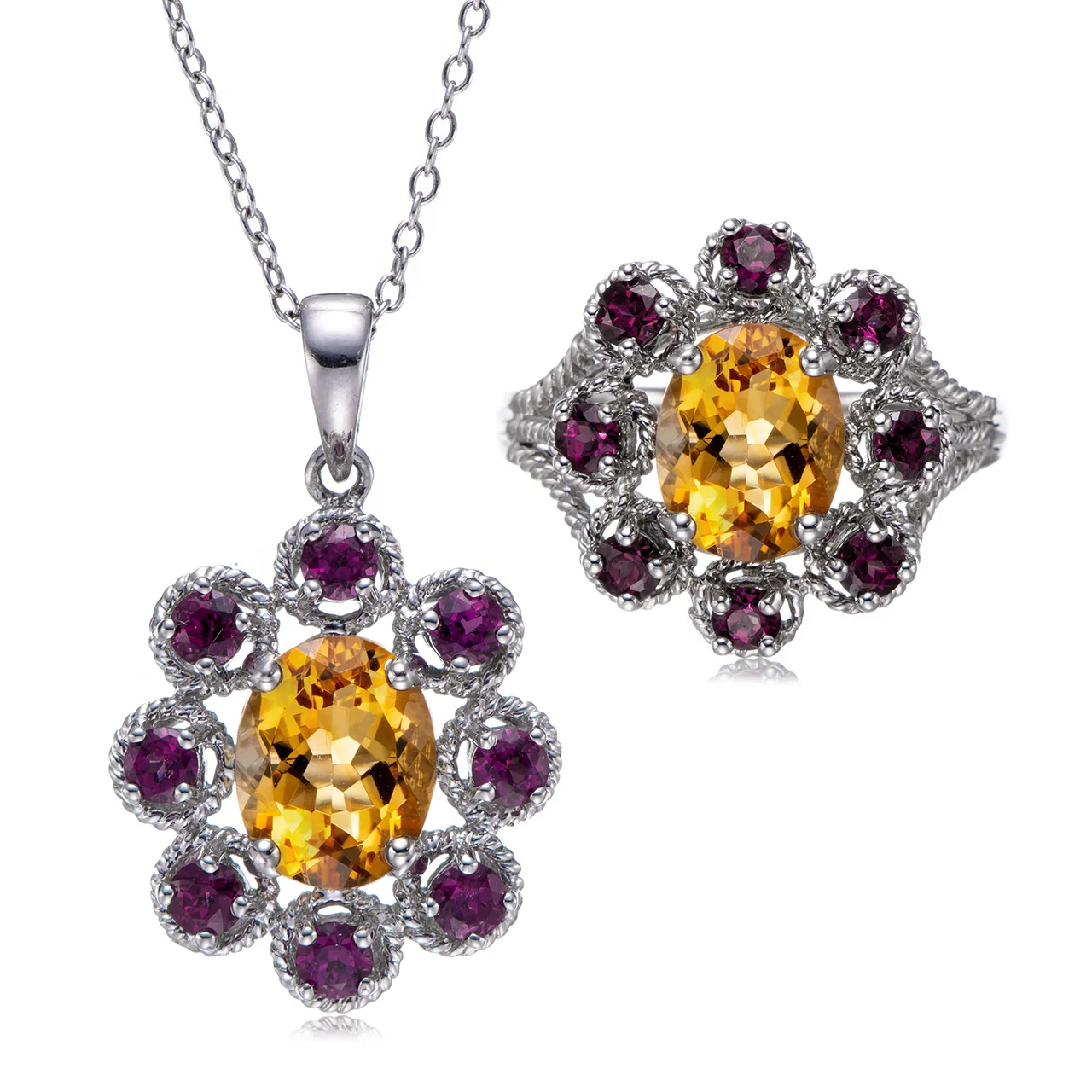 

GESIDE 8x10mm Citrine and Rhodolite Rhodium Over Sterling Silver Jewelry Sets