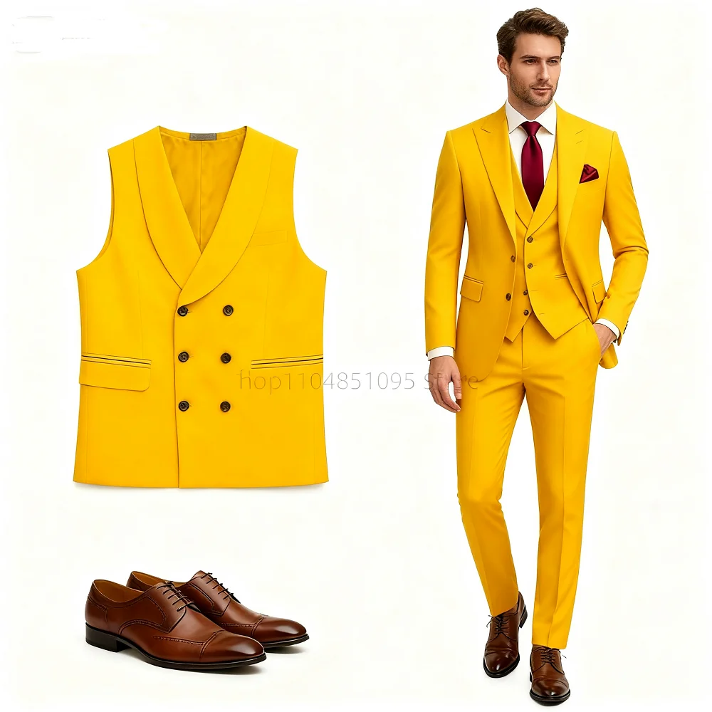 

3 Piece Khaki Men's Suits Slim Fit Peak Lapel Elegant Wedding Business Party Jacket Vest Pants Set High Quality