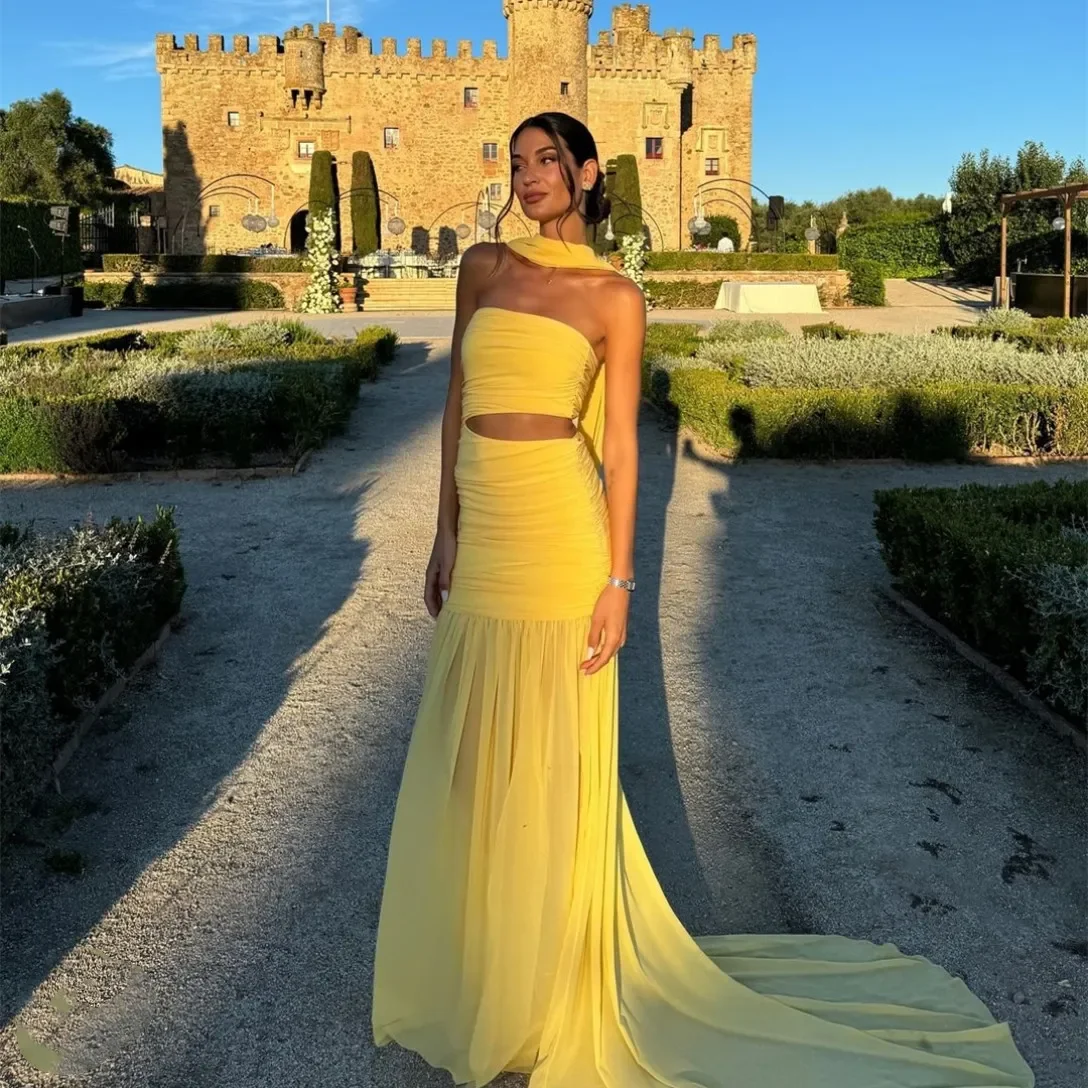 Customized Elegant Long Yellow Strapless Evening Dresses with Ribbon Mermaid Chiffon Sweep Train Prom Dress Party Dresses for Wo