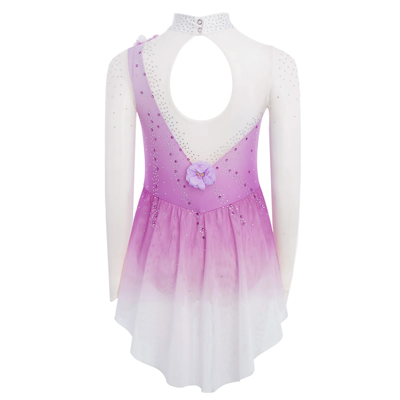 Vestido de patinaje artístico para niñas, traje de baile de Ballet para gimnasia, acrobacias, apliques de diamantes de imitación brillantes, vestidos de leotardo de malla transparente