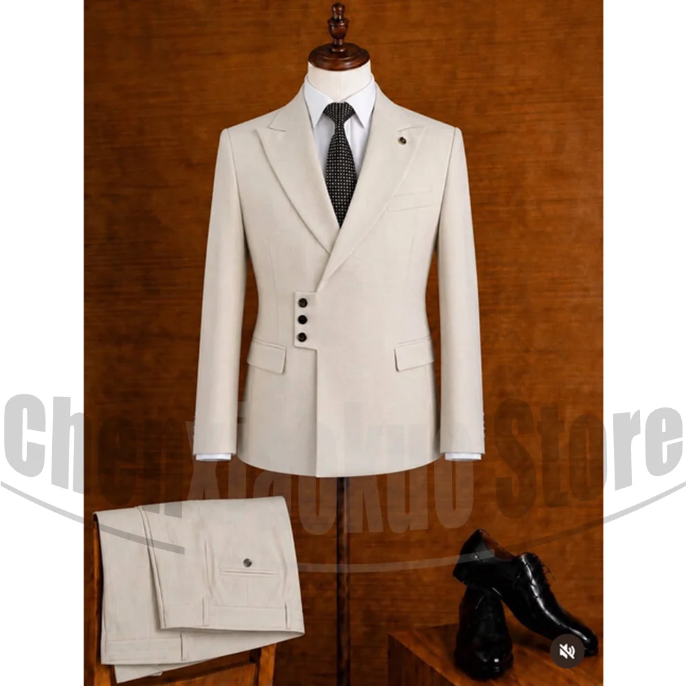 Fashion Men 2 Piece Suit Peak Lapel Irregular Side Button Blazer Trousers Formal Wedding Groom Business Office Party Tuxedo