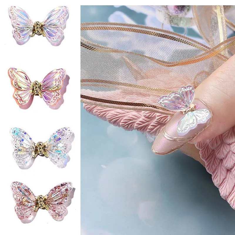 5Pcs Butterfly Nail Charms Decoration 3D Aurora Realistic Fairy Butterflies Shiny Luxury Jewelry Manciure Rhinestone Accessories