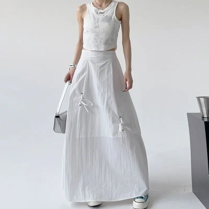 

Umbrella Skirt Strap Bow High Waist 2024 New Summer Style Versatile Korean Style A Line Long White Slim Harajuku Skirts