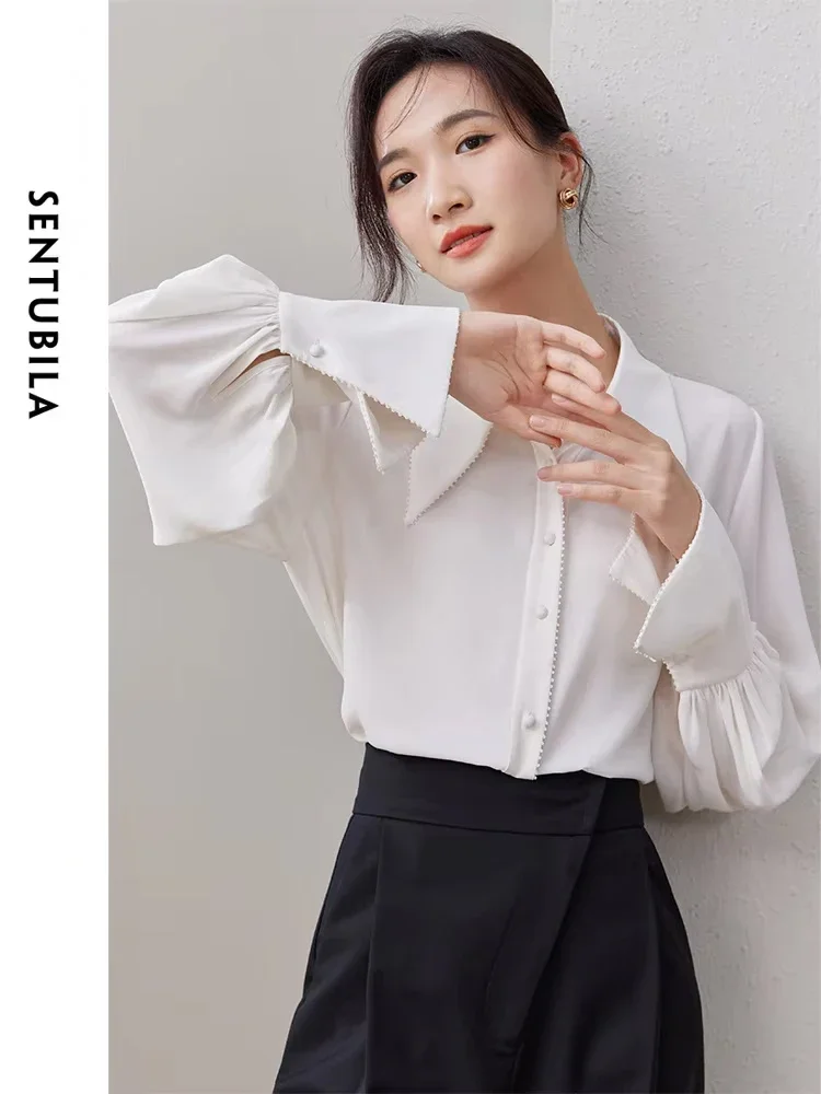 

SENTUBILA Lantern Sleeve White Shirts & Blouses For Women 2025 Elegant Patch Lace Long Sleeve Tops Relaxed Fit Button Up Shirts