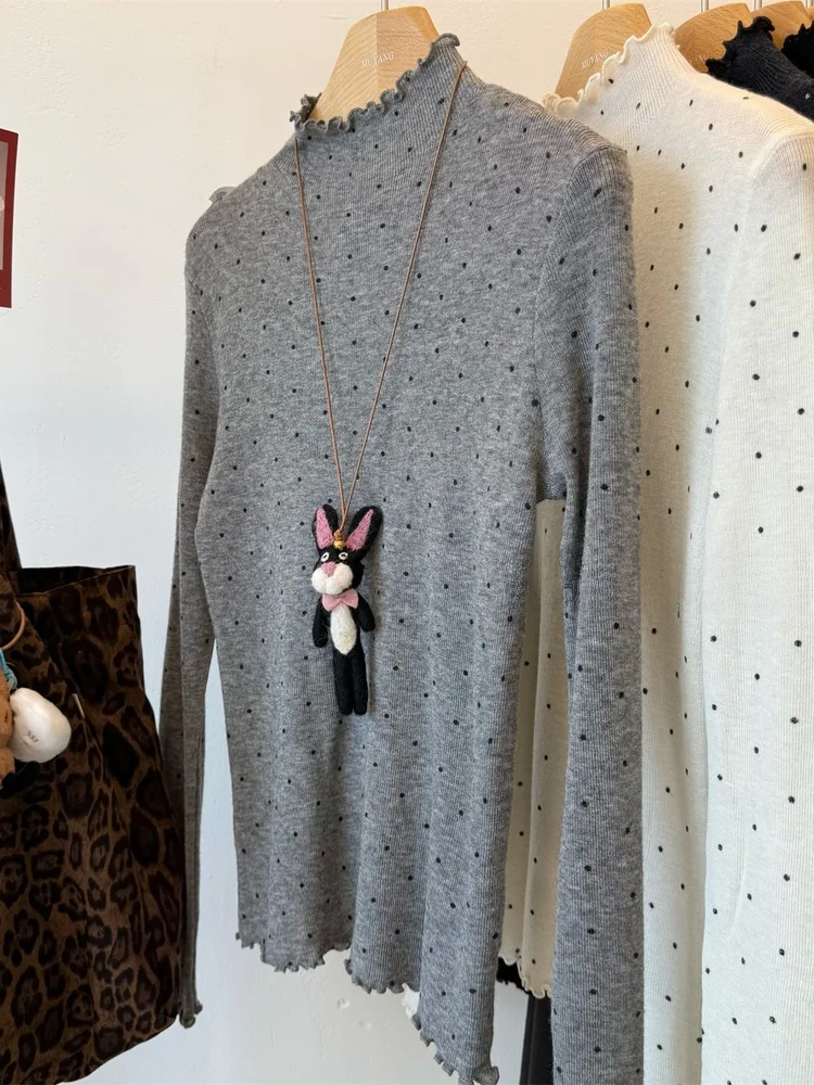 

High-End Korean Dot Wood Ear f High Collar Wool Knitted Base irt Egg Inner Wear Top Women's Faion Commute Sle Slim F...