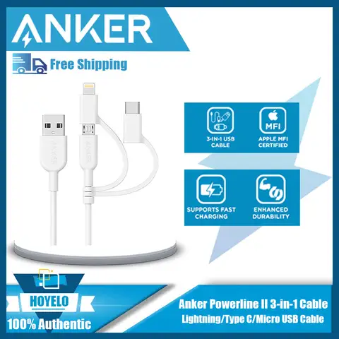 Anker-Cable Powerline II 3 en 1 Lightning/Tipo C/Micro USB para iPhone, iPad, Huawei, HTC, LG, Samsung Galaxy, Sony Xperia