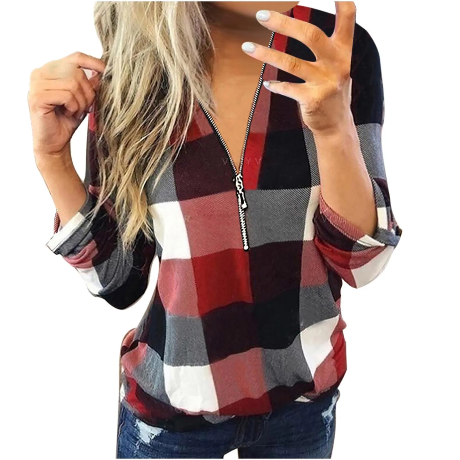 Women\'s Tops Casual Cotton Long Sleeve Plaid Shirt Slim Zipped V Neck Plaid Tunic Shirt Blouses