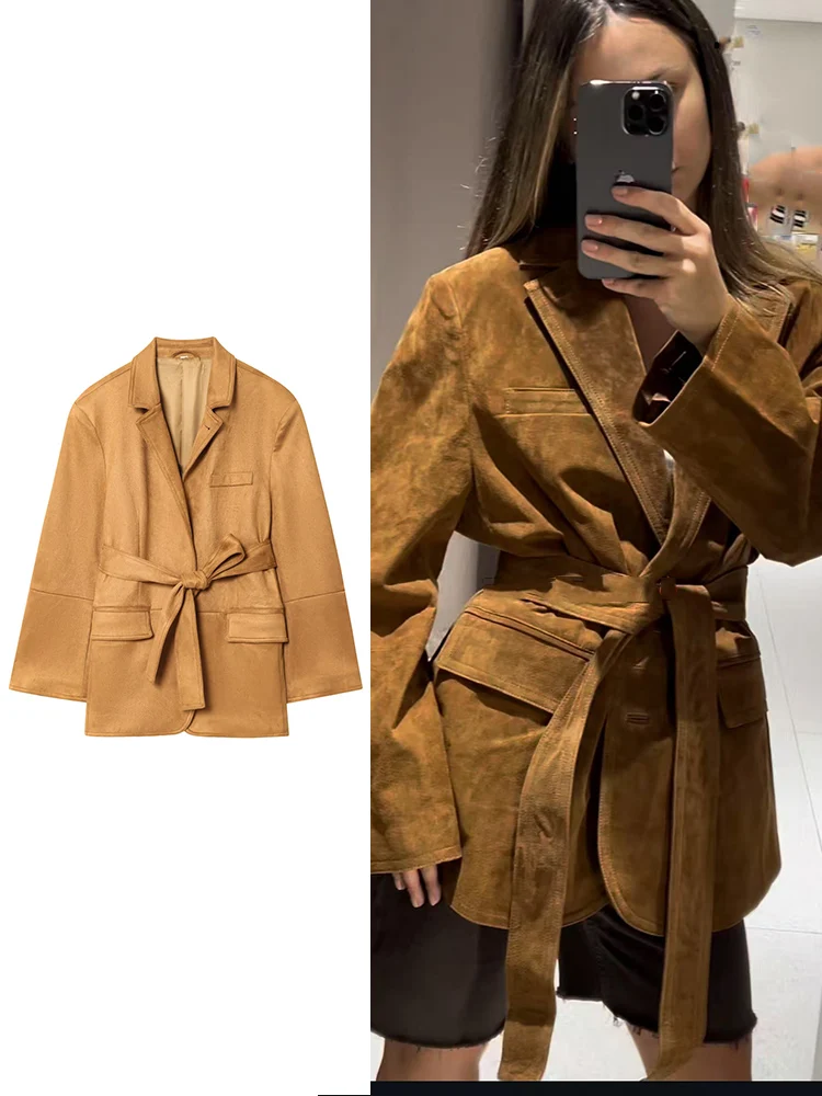 

TFMLN Elegant Women Jacket With Belt 2025 New Long Sleeve Lapel Pockets Loose Jackets Female Solid Single Breasted Outwear