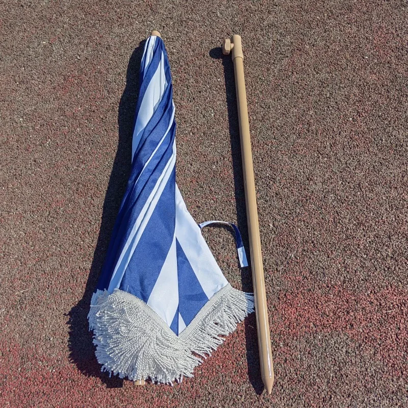 2 meters outdoor seaside fringed umbrella cotton windproof and sunscreen beach umbrella, Hainan wooden pole sun umbrella