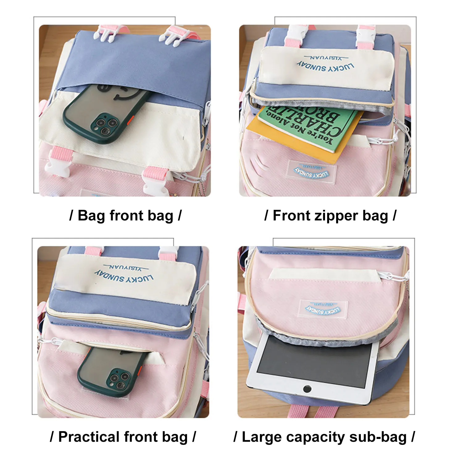 5Pcs/Set Cute Aesthetic University Student Backpack School Bags Teenager Girls Schoolbag Kawaii Backpack Set Travel Bag