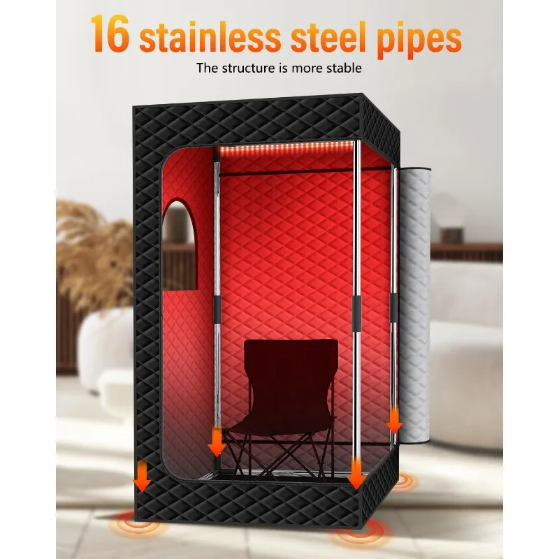 صندوق ساونا بالأشعة تحت الحمراء، خيمة ساونا بخارية محمولة مع قدر بخاري 3 لتر/1400 وات، 5 طبقات مقاومة للماء وعزل حراري، كرسي قابل للطي