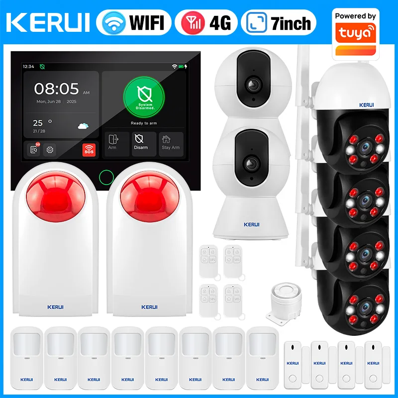 KERUI 7 inch Alarm System Panel G70 4G WiFi Home Alarm System with Set FSK/ASK Google Assistant Smart Home Alarm Works with Tuya