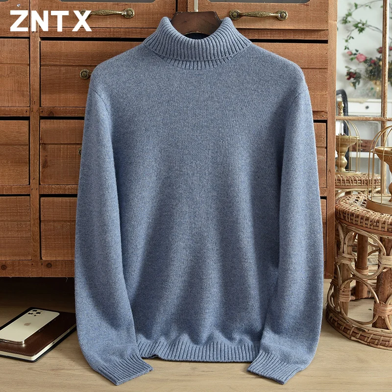 New winter must-have thickened pure cashmere sweater men's turtleneck solid color casual pullover warm lapel sweater sales