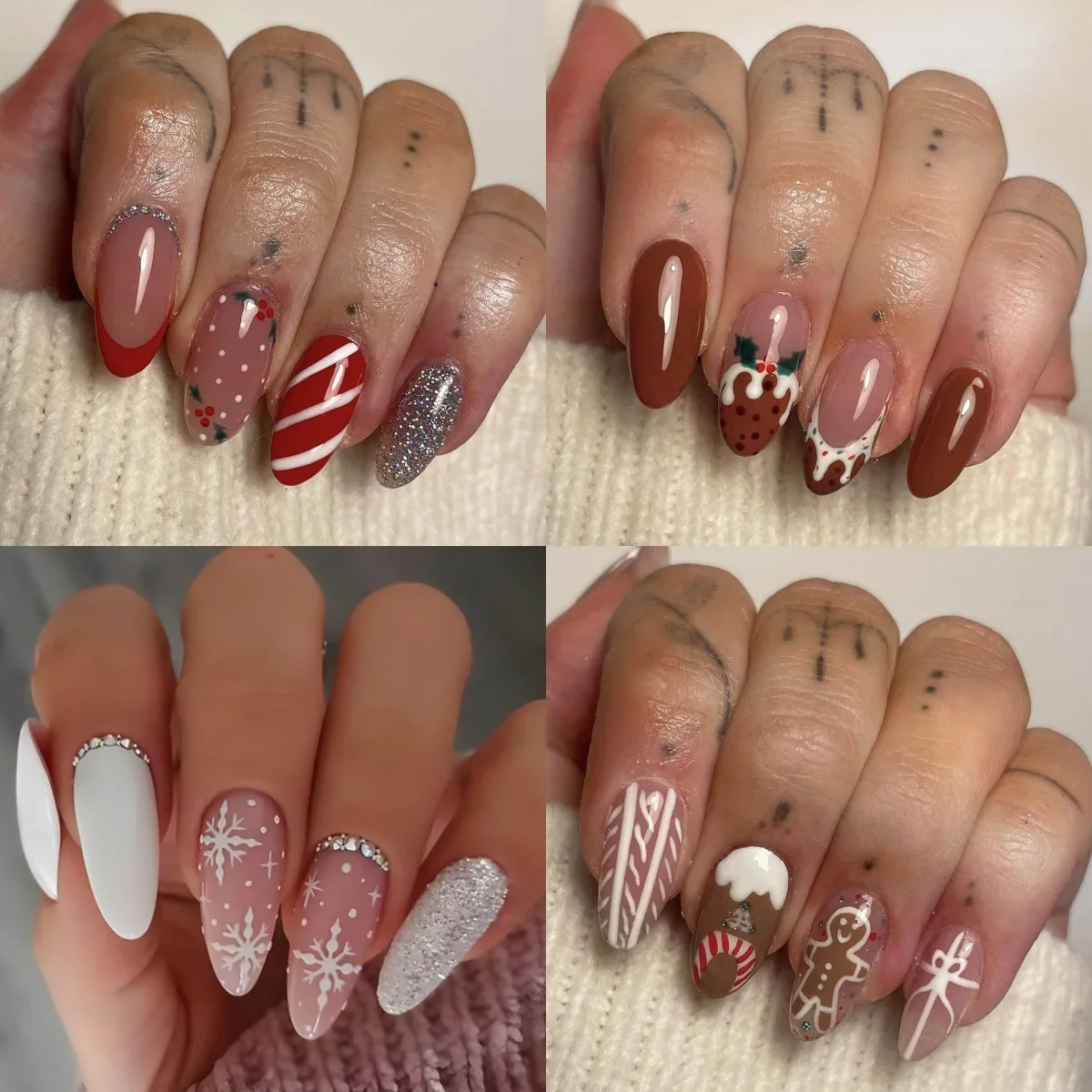 Christmas Press on Nails Snowflake Deer Gingerbread Man False Nail Charms Candy Stripe Glitter Powder Fake Nail Art Tip Manicure