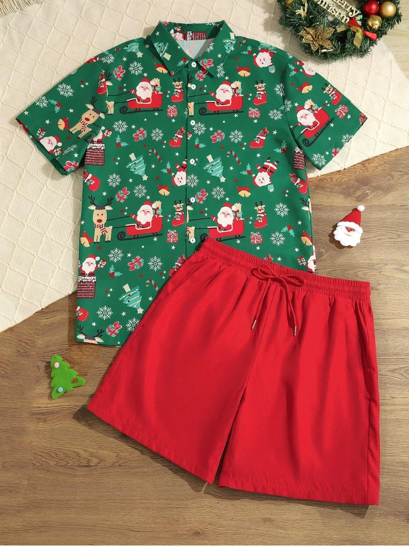 Men's Short Sleeve Shorts Set Cute Old Man Christmas Printed Pattern Short Sleeve Lapel Shirt and Shorts Men's Two Piece Set