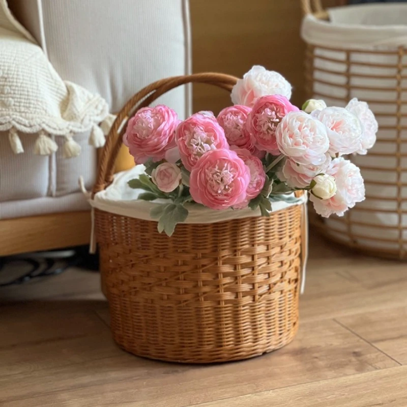 Natural Rattan Double Handle Storage Basket Handmade Wicker Picnic Tote Bread Serving Holder for Kitchen Rustic Flower Baskets
