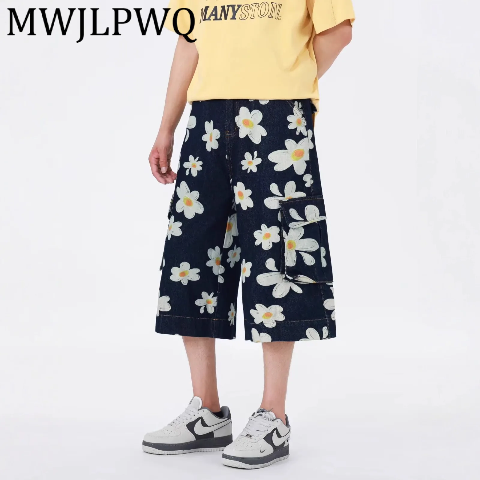 

MWJLPWQ American Style Printed Jeans For Men High Street Niched Couples Design Sense Cargo Wide-Leg Seven Pants Tide New 11963