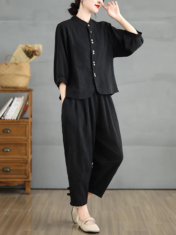 طقم قميص وبنطلون فضفاض جديد لخريف 2025 بأسلوب صيني مع ياقة مطرزة من القطن والكتان للنساء في منتصف العمر وكبار السن #2