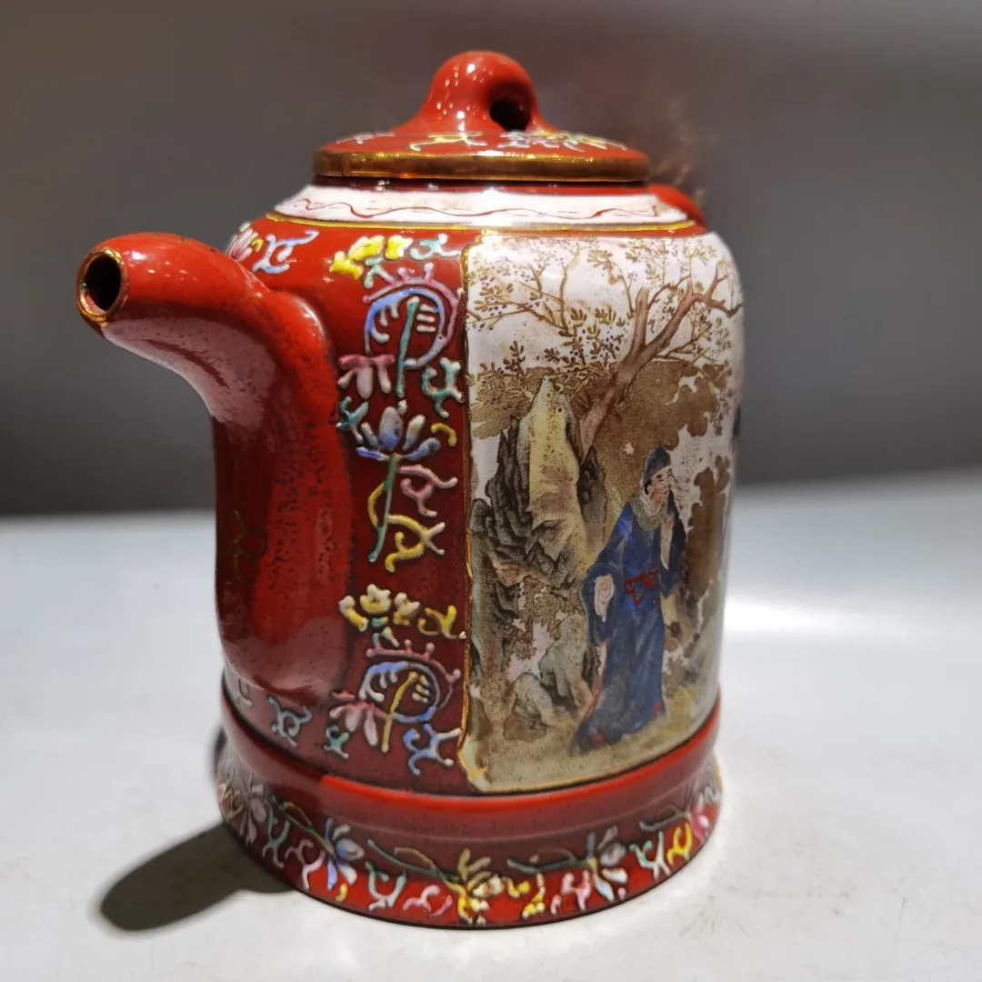 Yixing Purple Clay Teapot Outline in gold Painted Character Story Pattern Enamel pot  Kettle Teapot