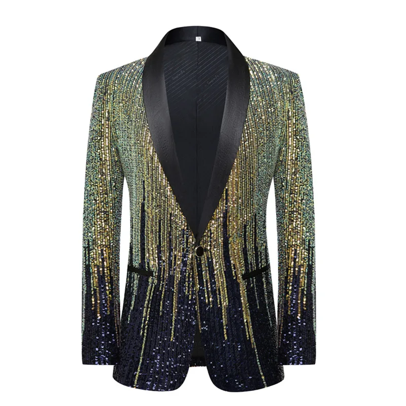 

Men's One Button Glitter Blazer, Gradient Color Sequin Dinner Suit Jacket for Weddings, Parties, Proms, and Nightclubs