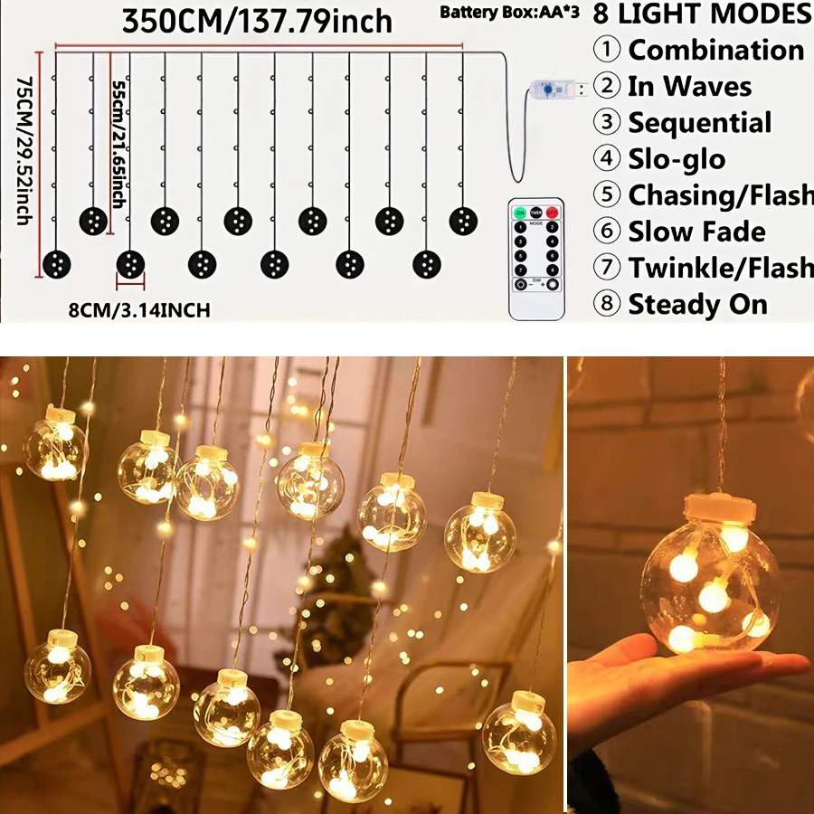 Color/Warm Light Wishing Ball Light String USB with Remote Control 8 Modes, Suitable for Bedroom, Christmas, Wedding, Theme Part