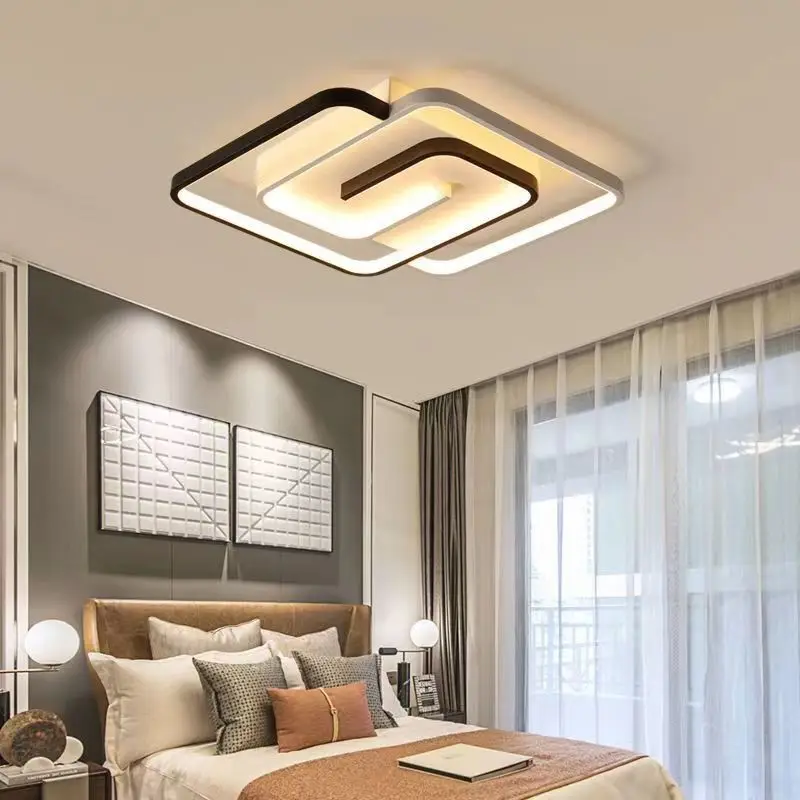 

Bedroom Led Chandelier Light Black White Square Modern Ceiling Lamp Attic Living Room Dining Kitchen Interior