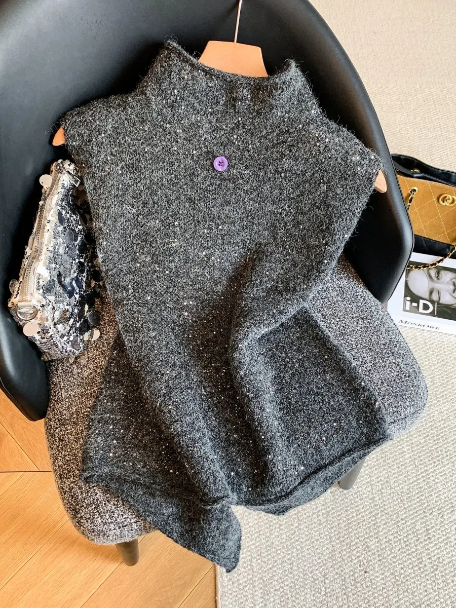 

Осенне-зимний серый вязаный жилет с полувысоким воротником без рукавов, женский, элитный дизайн, модный топ для многослойных образов