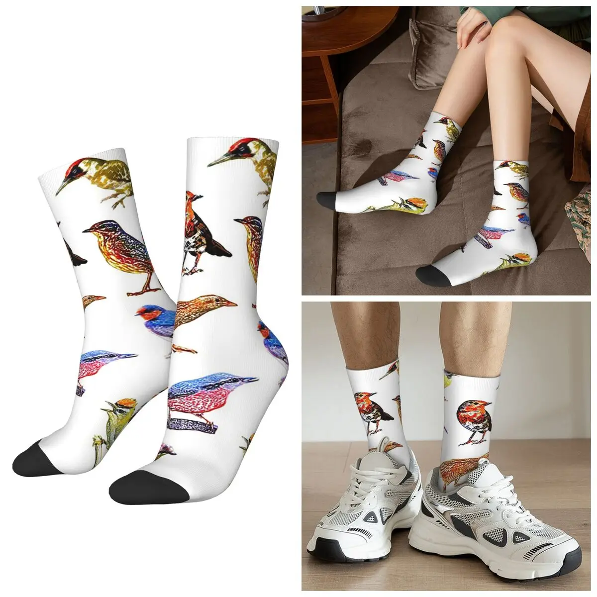 All Seasons Crew Stockings Various Birds Sparrow Pattern Socks Crazy Hip Hop Long Socks for Men Women Valentine's Day Gifts