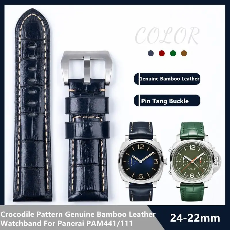 

EIDKGD Genuine Bamboo Leather Watchband 22mm 24mm 26mm Panerai Strap Black Blue Brown Cowhide Bracelet Vintage Wristband Tang