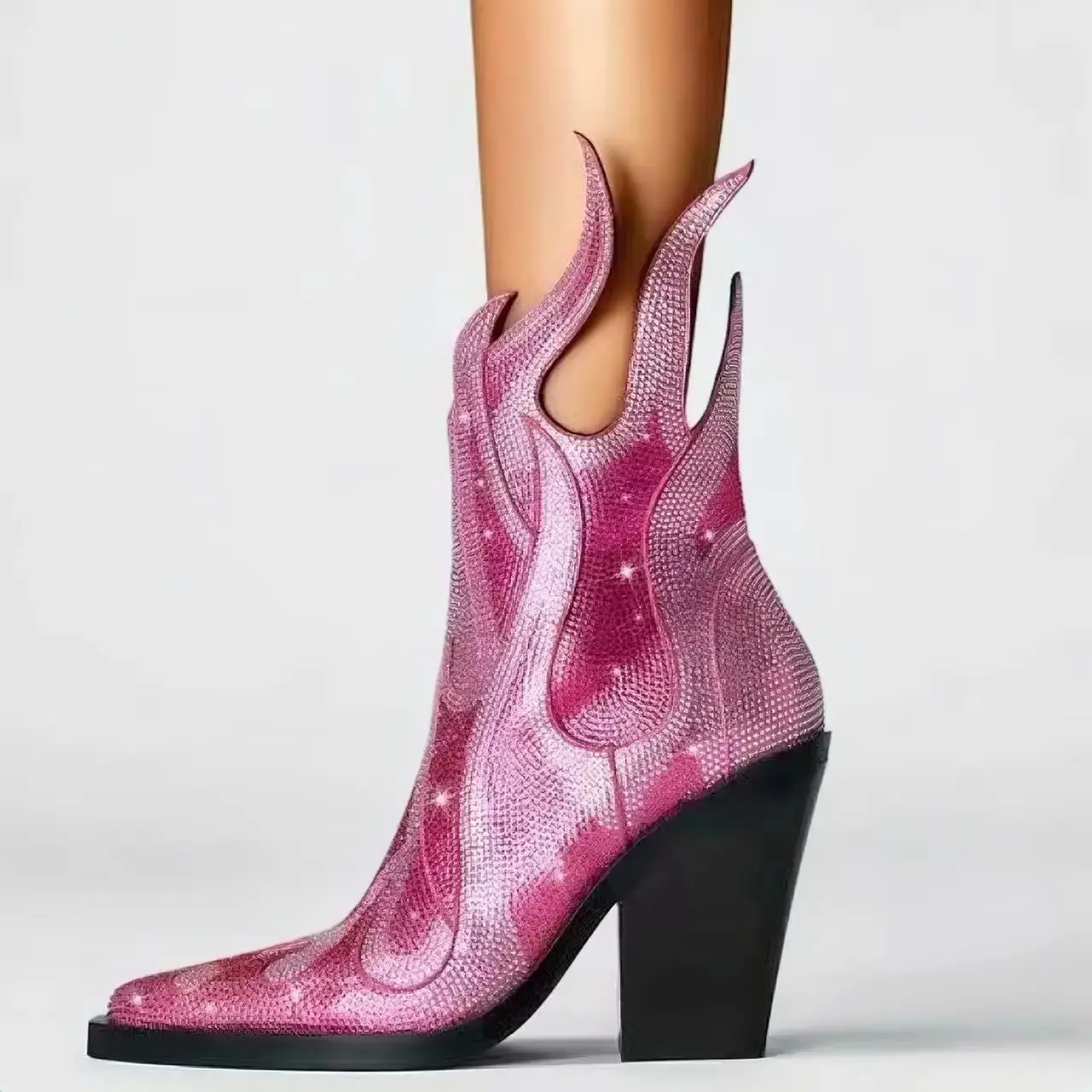 

Pointed Toe Thick High Heel Side Zipper Fashion Boats Fashion New Style Shoes Flash Pink Punk Rhinestones Flame Boots For Women