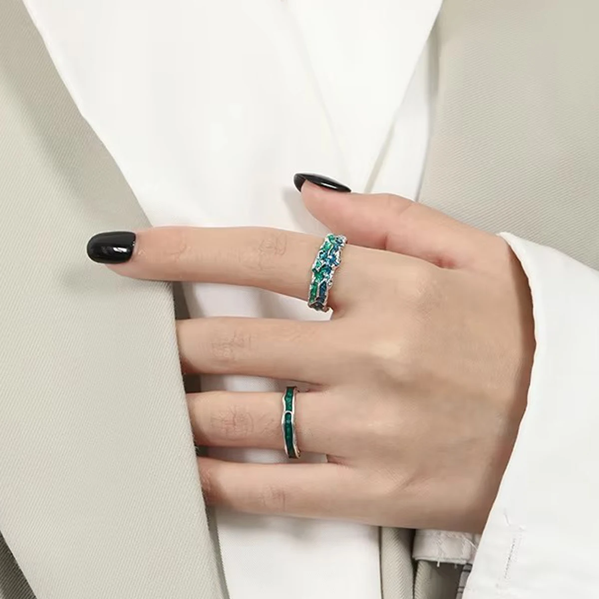 Original Texture Irregular S925 Sterling Silver Open Ring Molten Blue Green Enamel Resizable Finger Jewelry