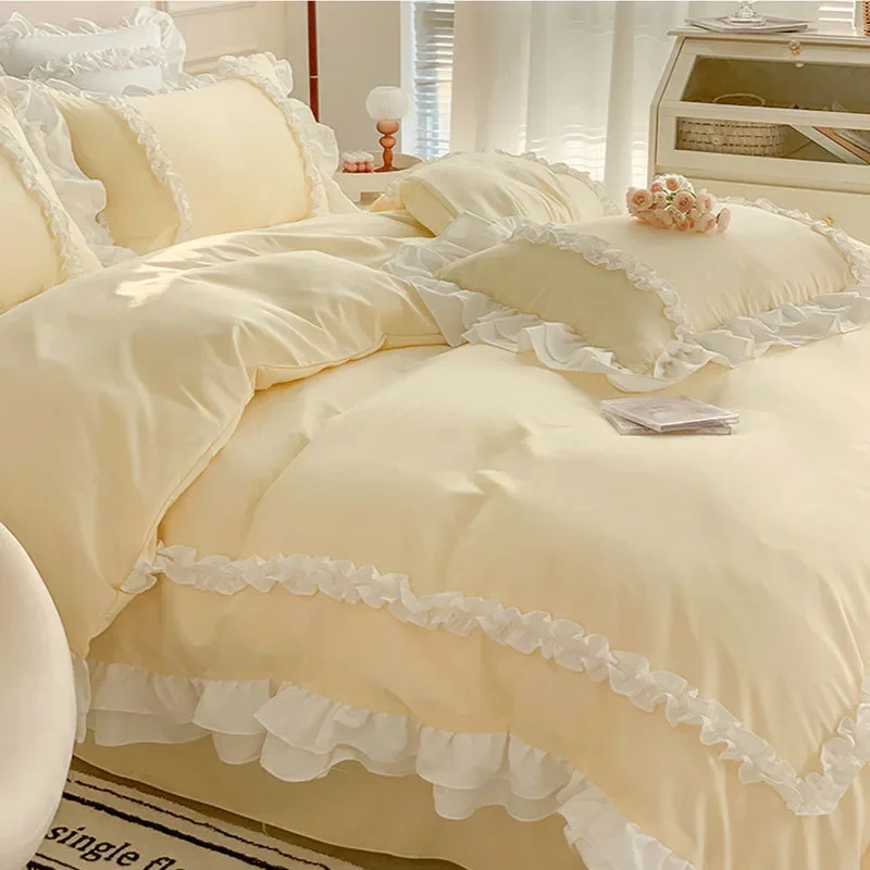 200X230Cm Korean Princess Lolita Bed 4-Piece Set Solid Washed Cotton Breathable Bed Sheet Duvet Cover Bedding Set with Lace