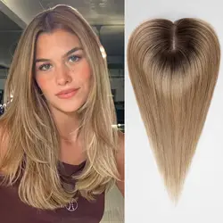 Remy Human Hair Pieces Ombre Brown Human Hair Toppers Middle Part Straight Hair for Women Loss Hair 4x9cm Silk Base Clip in Hair